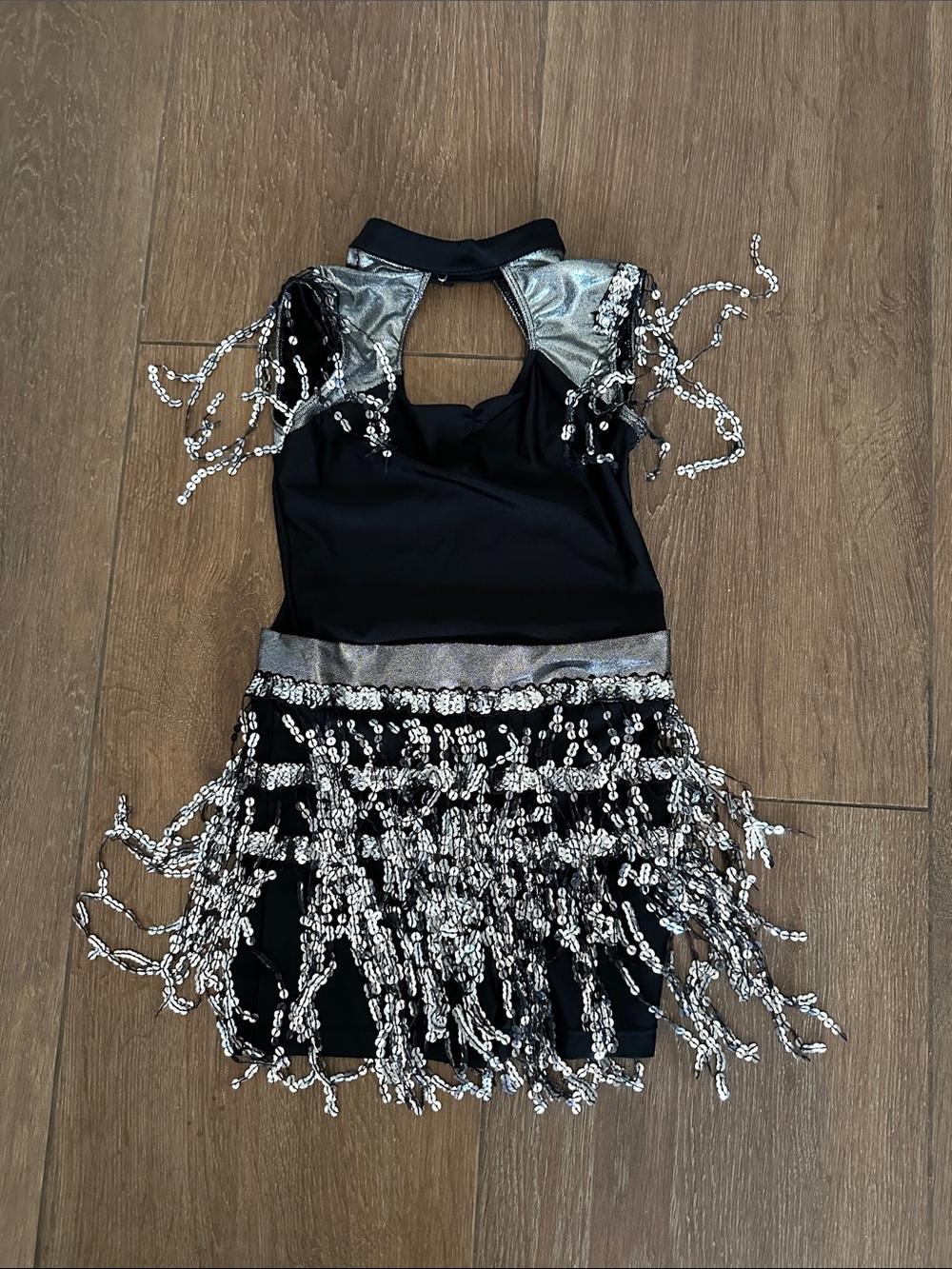 Revolution girls Black and Silver Sequin Fringe Dance Halloween Costume. Size L